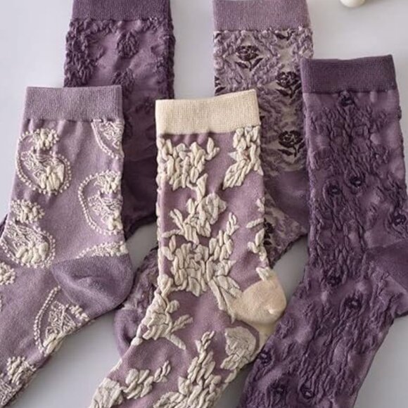 5-Pair Floral & Lace Socks | Neutral Purple Tones | Ribbed Cuffs | NWOT - Picture 2 of 2
